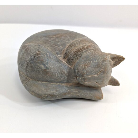 Curled Up Sleeping Cat Figurine Carved Etched Wood Gray Vtg Kitten Statue 5" - Picture 1 of 9
